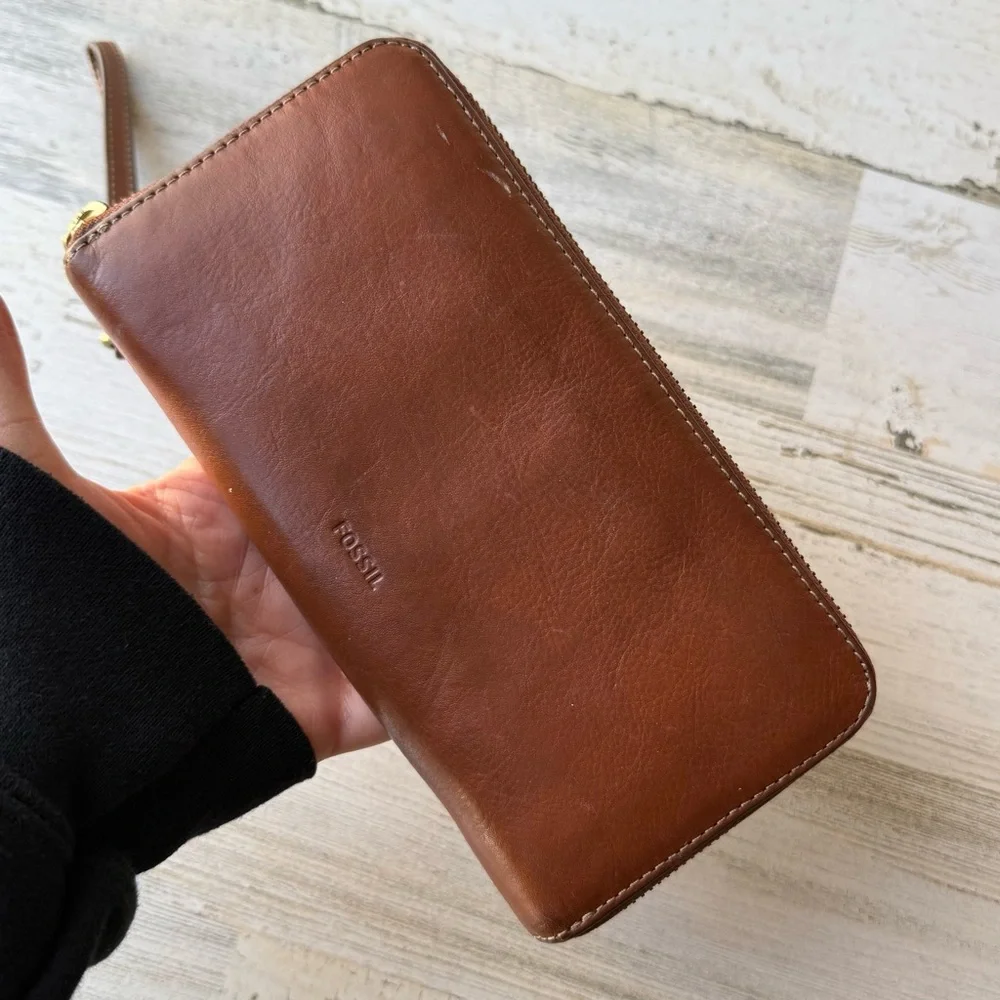 Fossil Cognac 'Sydney' Leather Zip Around Clutch Wristlet Wallet Large Size